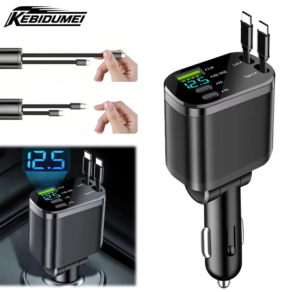150W 5IN1 Retractable Car Charger Fast Charging Cord USB Cigarette Lighter Adapter for Iphone Samsung Car Accessories