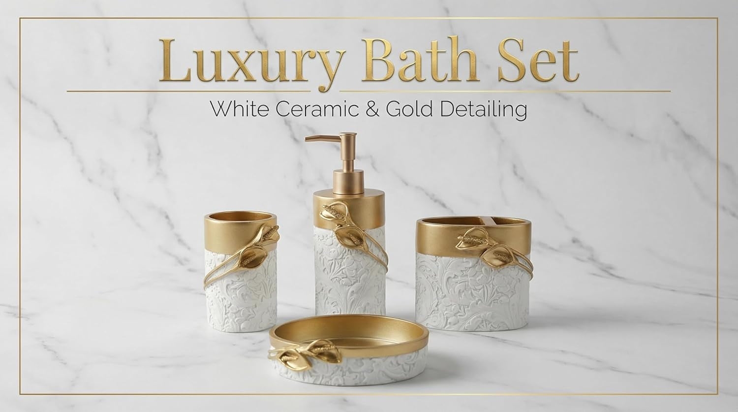 Bathroom Accessories Set,Golden Design Toothbrush Holder,Farmhouse Bathroom Decor,4 Pcs Resin Gift Set Apartment Necessities, Contain Toothbrush Cup,Soap Dispenser,Soap Dish,Tumbler
