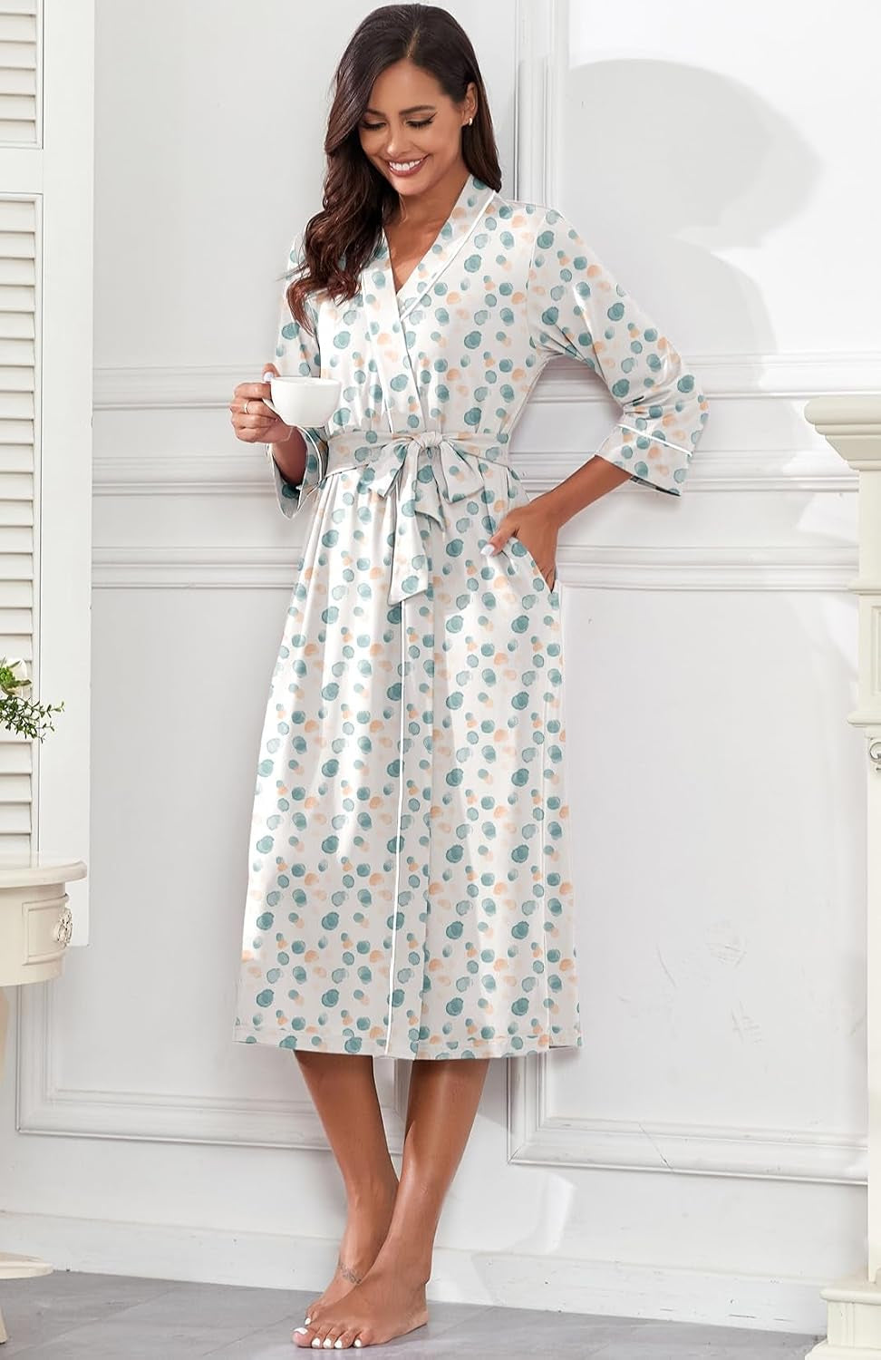 Robes for Women 3/4 Sleeve Long Bath Robe XS-4XL | V-Neck Knit Bathrobe with Pockets, Lightweight, Soft, Breathable Robes for Shower, Spa, Travel, Home, Party, Nursing