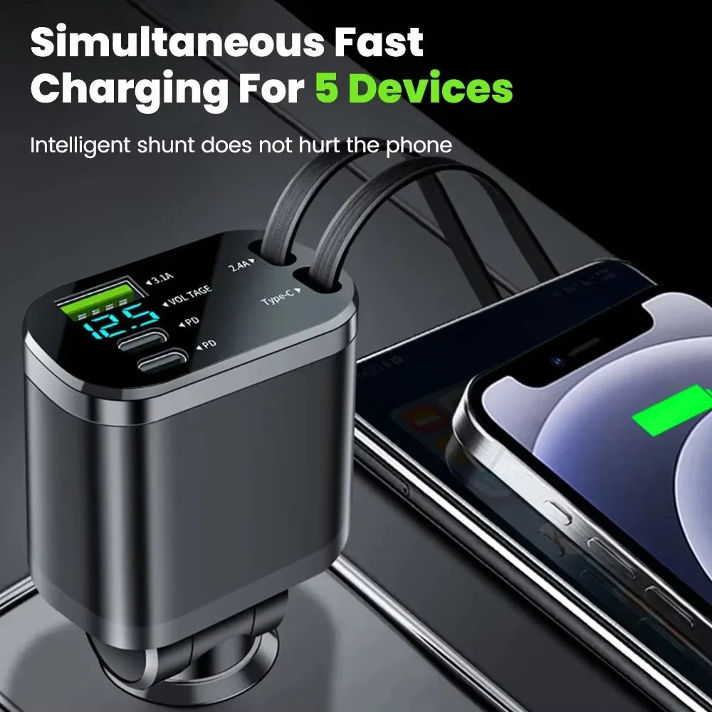 150W 5IN1 Retractable Car Charger Fast Charging Cord USB Cigarette Lighter Adapter for Iphone Samsung Car Accessories