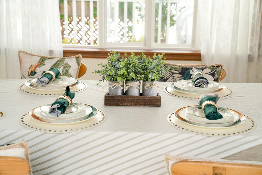 Fake Eucalyptus Plants Farmhouse Table Centerpieces for Dining Room | Set of 3 Galvanized Pots, Brown Wood Tray, for Bathroom Coffee Kitchen Entryway Living Room Decor, No Maintenance Required