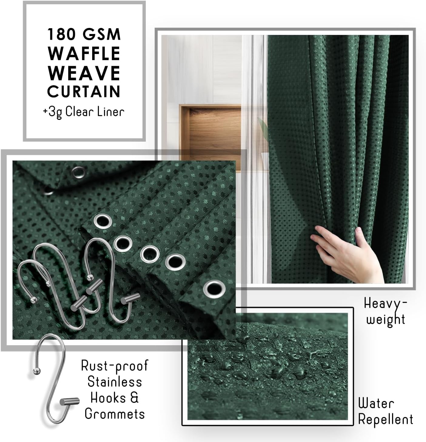 Bathroom Accessories Set - Bathroom Set, Bathroom Sets with Shower Curtain and Rugs, Shower Curtain Set with Bathroom Trash Can - Green - 22PC | 22 Piece Hunter Green Bathroom Accessories Set with Toothbrush Holder, Soap Dispenser, Soap Dish, Toilet Brush, and Trash Can