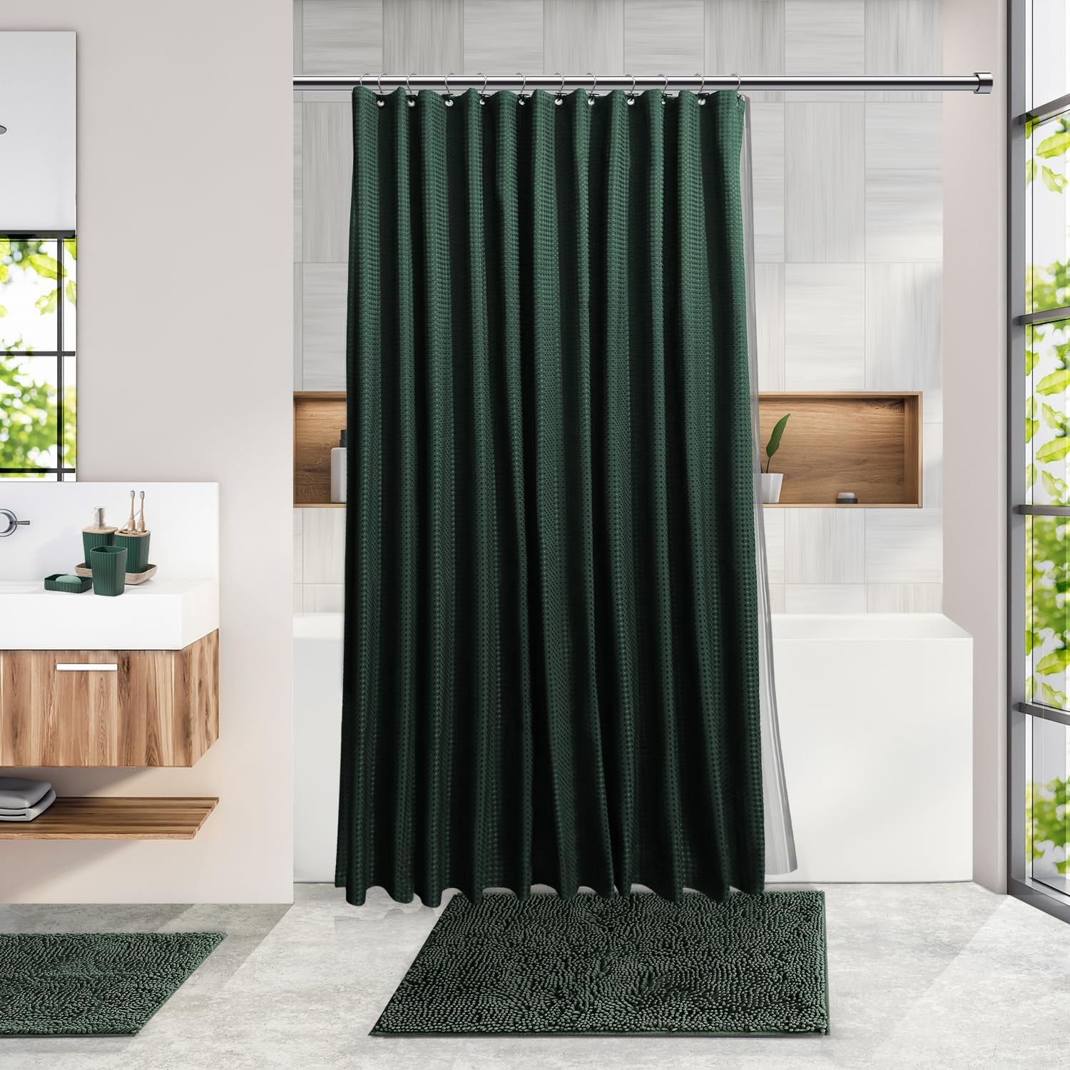 Bathroom Accessories Set - Bathroom Set, Bathroom Sets with Shower Curtain and Rugs, Shower Curtain Set with Bathroom Trash Can - Green - 22PC | 22 Piece Hunter Green Bathroom Accessories Set with Toothbrush Holder, Soap Dispenser, Soap Dish, Toilet Brush, and Trash Can