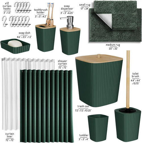 Bathroom Accessories Set - Bathroom Set, Bathroom Sets with Shower Curtain and Rugs, Shower Curtain Set with Bathroom Trash Can - Green - 22PC | 22 Piece Hunter Green Bathroom Accessories Set with Toothbrush Holder, Soap Dispenser, Soap Dish, Toilet Brush, and Trash Can