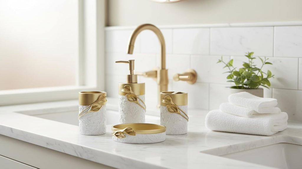 Bathroom Accessories Set,Golden Design Toothbrush Holder,Farmhouse Bathroom Decor,4 Pcs Resin Gift Set Apartment Necessities, Contain Toothbrush Cup,Soap Dispenser,Soap Dish,Tumbler