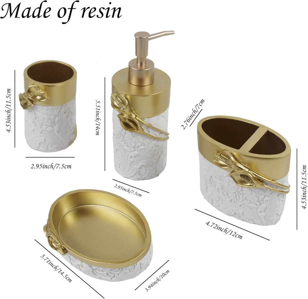 Bathroom Accessories Set,Golden Design Toothbrush Holder,Farmhouse Bathroom Decor,4 Pcs Resin Gift Set Apartment Necessities, Contain Toothbrush Cup,Soap Dispenser,Soap Dish,Tumbler