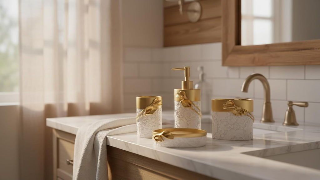 Bathroom Accessories Set,Golden Design Toothbrush Holder,Farmhouse Bathroom Decor,4 Pcs Resin Gift Set Apartment Necessities, Contain Toothbrush Cup,Soap Dispenser,Soap Dish,Tumbler
