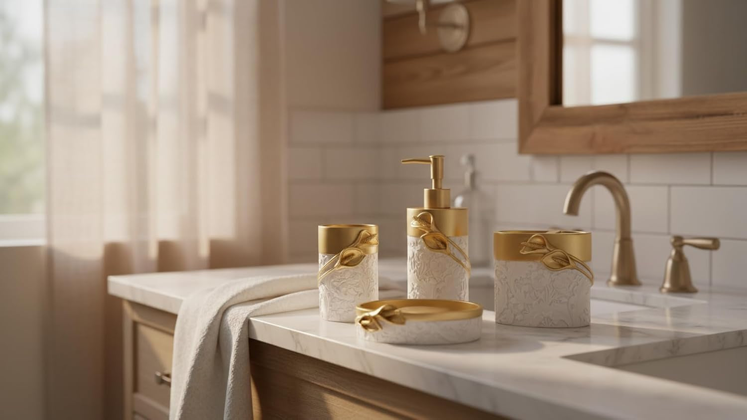 Bathroom Accessories Set,Golden Design Toothbrush Holder,Farmhouse Bathroom Decor,4 Pcs Resin Gift Set Apartment Necessities, Contain Toothbrush Cup,Soap Dispenser,Soap Dish,Tumbler
