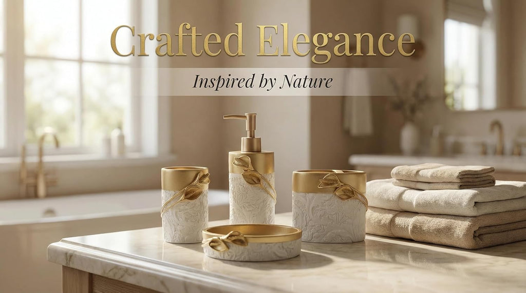 Bathroom Accessories Set,Golden Design Toothbrush Holder,Farmhouse Bathroom Decor,4 Pcs Resin Gift Set Apartment Necessities, Contain Toothbrush Cup,Soap Dispenser,Soap Dish,Tumbler