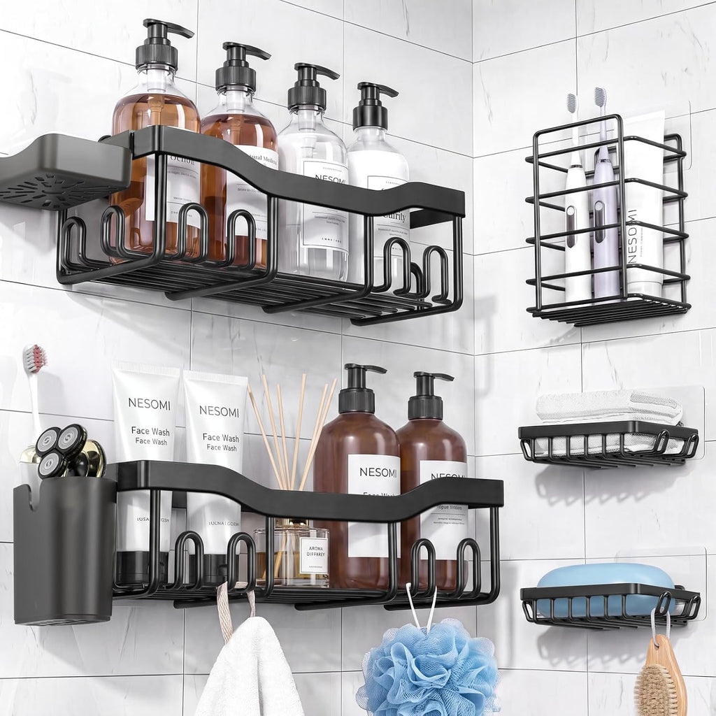 7-Pack Shower Caddy Adhesive,Stainless Steel Shower Organizer Shelf | Rustproof, with Soap Dish Toothbrush Holder, Large Capacity, No-Drill Rack Bathroom Storage Accessories, 24 Hooks, Home Decor