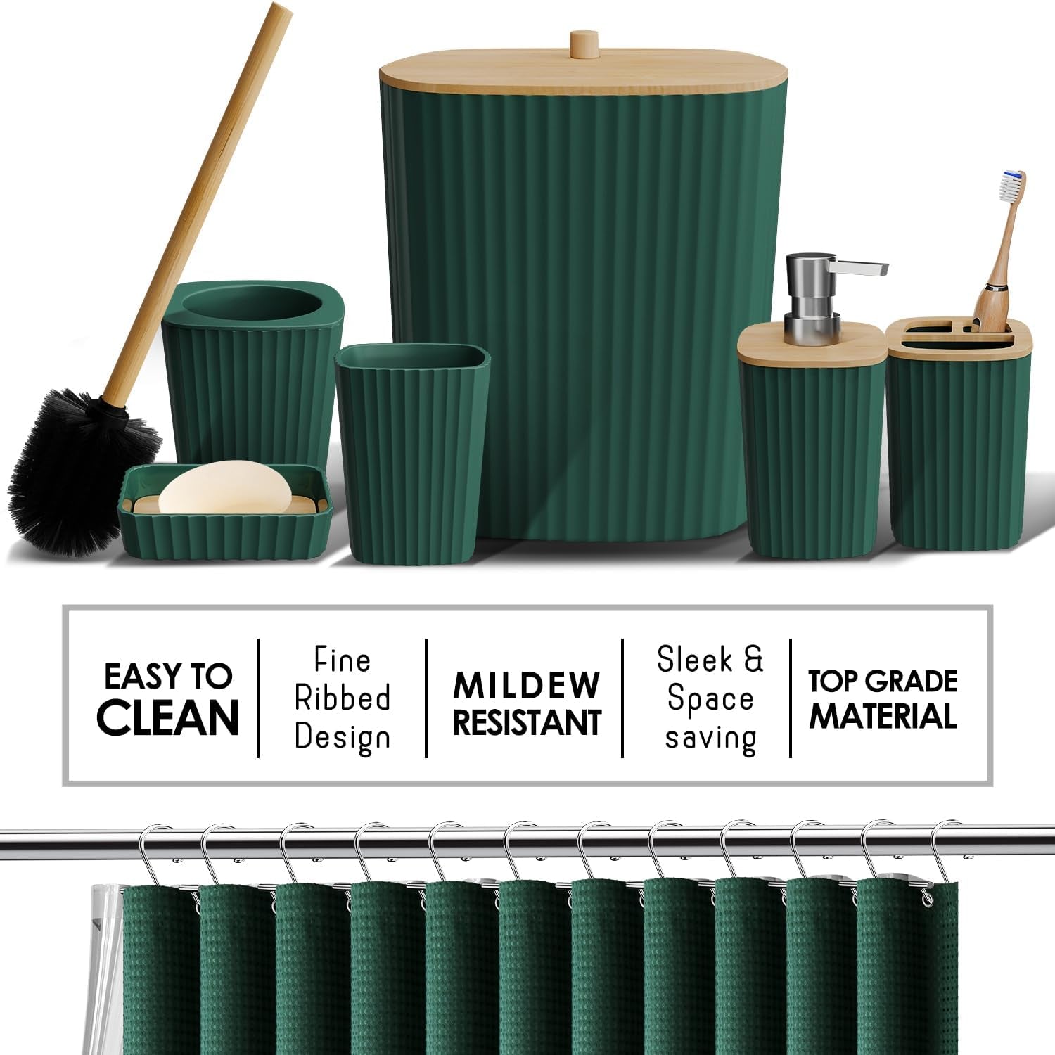 Bathroom Accessories Set - Bathroom Set, Bathroom Sets with Shower Curtain and Rugs, Shower Curtain Set with Bathroom Trash Can - Green - 22PC | 22 Piece Hunter Green Bathroom Accessories Set with Toothbrush Holder, Soap Dispenser, Soap Dish, Toilet Brush, and Trash Can