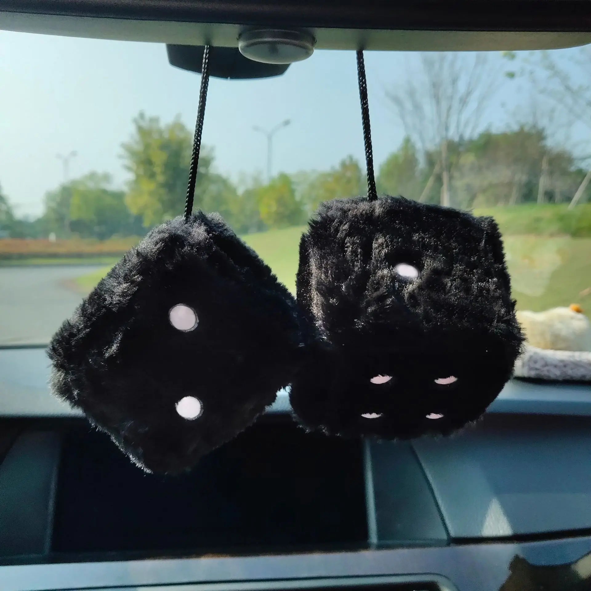 Pair of Retro Square Mirror Hanging Couple Fuzzy Plush Dice with Dots for Car Decoration