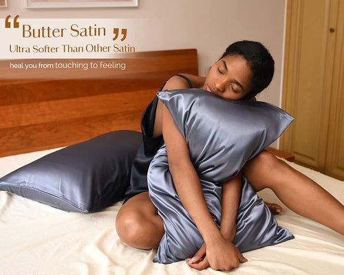 2 Pack Satin Pillowcase, for Hair and Skin with Zipper | Silk Feeling Pillow Cases Set of 2, Standard Queen, King, Exquisite Packaging for Women Men