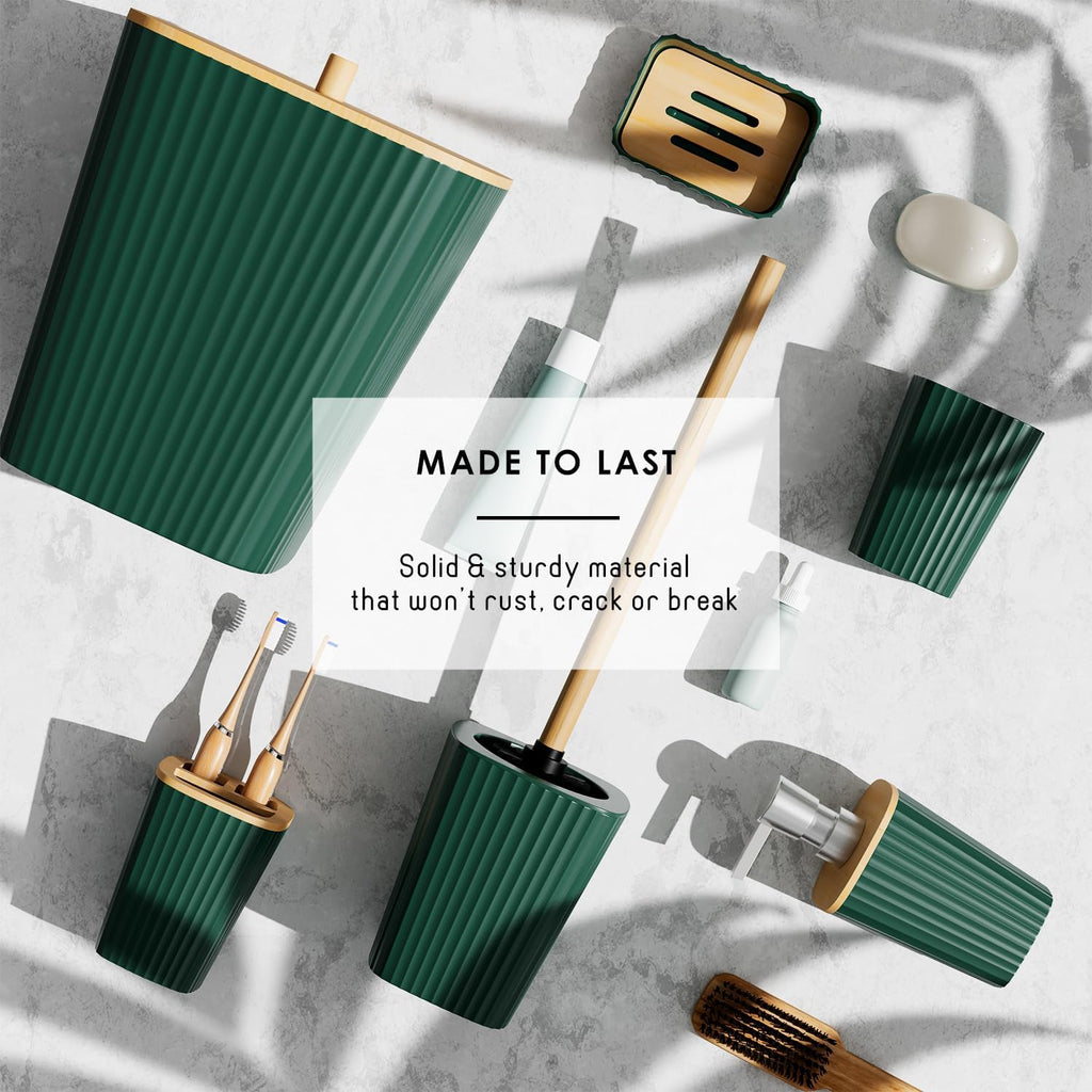 Bathroom Accessories Set - Bathroom Set, Bathroom Sets with Shower Curtain and Rugs, Shower Curtain Set with Bathroom Trash Can - Green - 22PC | 22 Piece Hunter Green Bathroom Accessories Set with Toothbrush Holder, Soap Dispenser, Soap Dish, Toilet Brush, and Trash Can