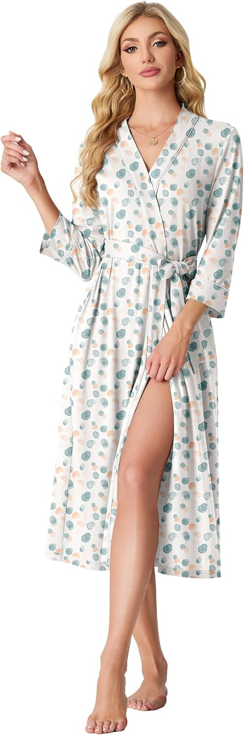 Robes for Women 3/4 Sleeve Long Bath Robe XS-4XL | V-Neck Knit Bathrobe with Pockets, Lightweight, Soft, Breathable Robes for Shower, Spa, Travel, Home, Party, Nursing