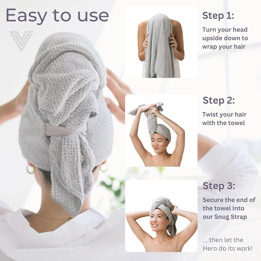Hero Hair Towel - Ultra Soft Nanoweave™ Microfiber for Quick Drying & Frizz Control - Large Wrap with Secure Strap in Luna Gray
