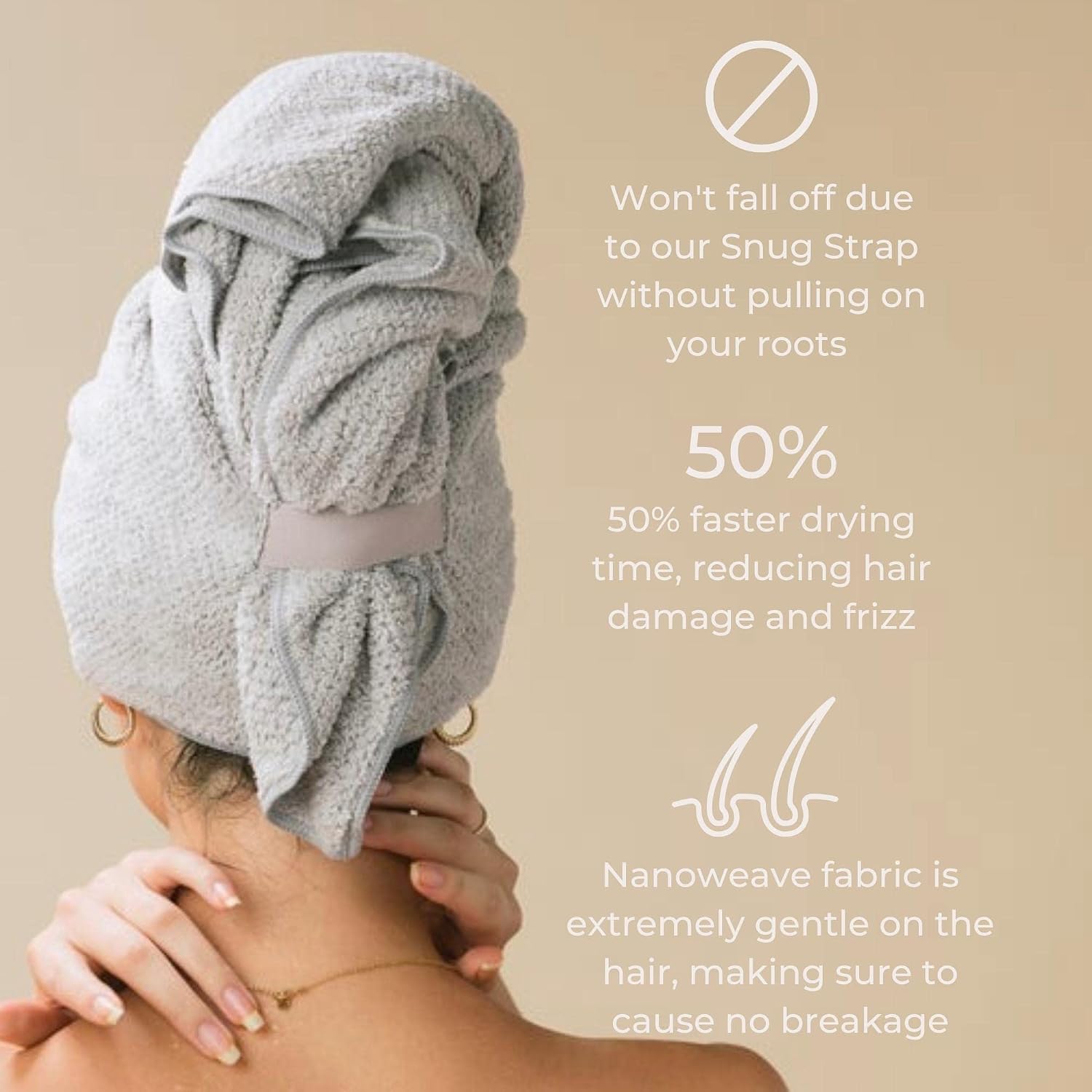 Hero Hair Towel - Ultra Soft Nanoweave™ Microfiber for Quick Drying & Frizz Control - Large Wrap with Secure Strap in Luna Gray