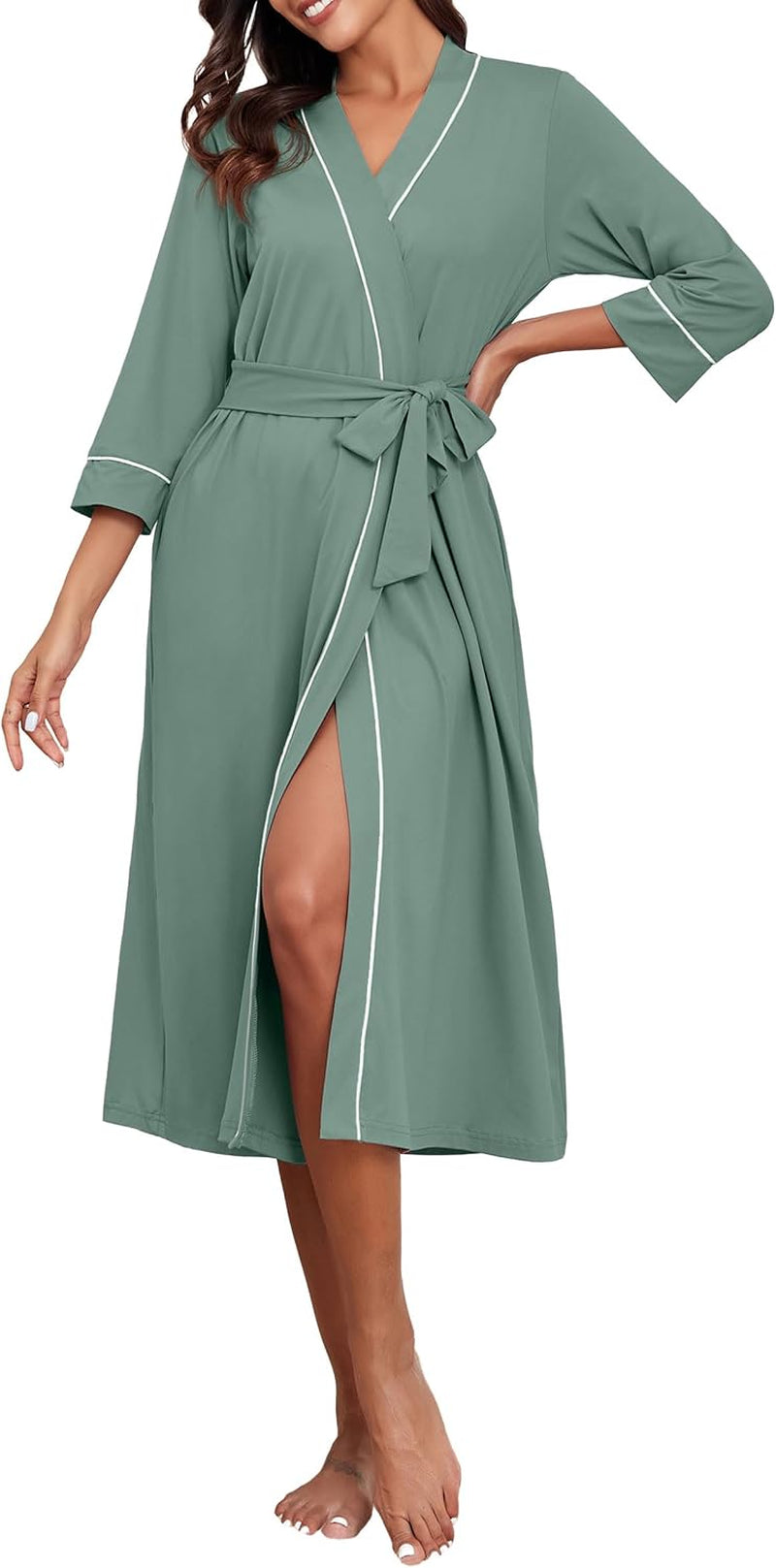 The Signature Lounge Robe | 3/4 Sleeve Lightweight Knit with Pockets (XS–4XL) Gracefully breathable for spa days, travel, and effortless home elegance.