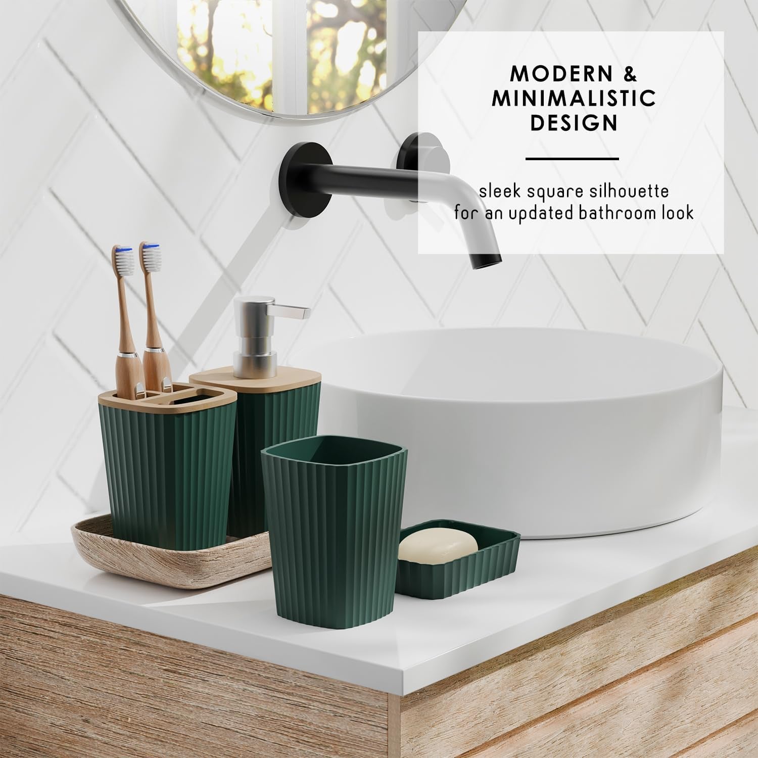 Bathroom Accessories Set - Bathroom Set, Bathroom Sets with Shower Curtain and Rugs, Shower Curtain Set with Bathroom Trash Can - Green - 22PC | 22 Piece Hunter Green Bathroom Accessories Set with Toothbrush Holder, Soap Dispenser, Soap Dish, Toilet Brush, and Trash Can