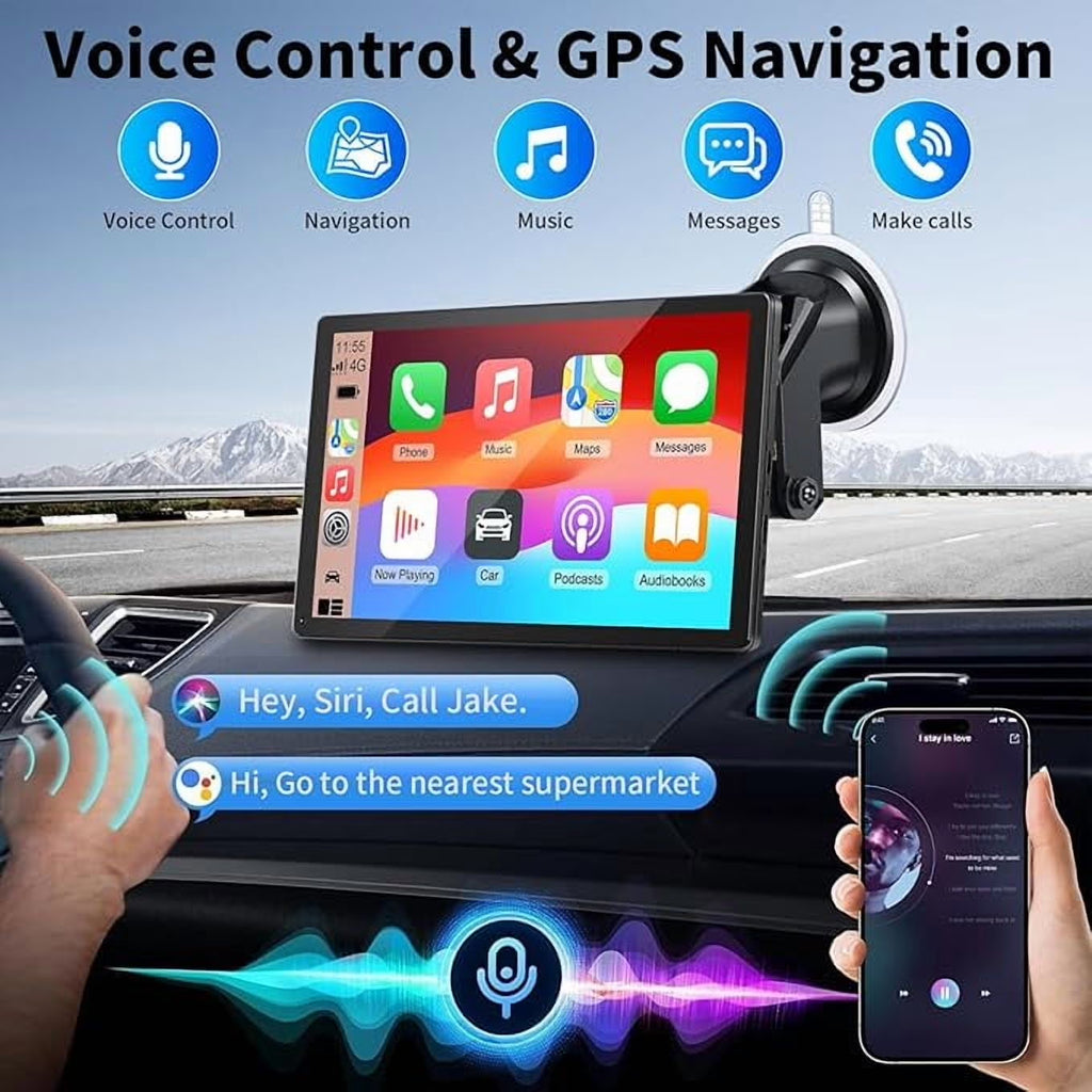 Carplay Screen for Car, 9'' Wireless Carplay & Android Auto - Smart Portable Touchscreen with Bluetooth/Fm, Mirror Link, Voice Control, GPS Navigation, Hands-Free Calling, Plug & Play Car Play Screen