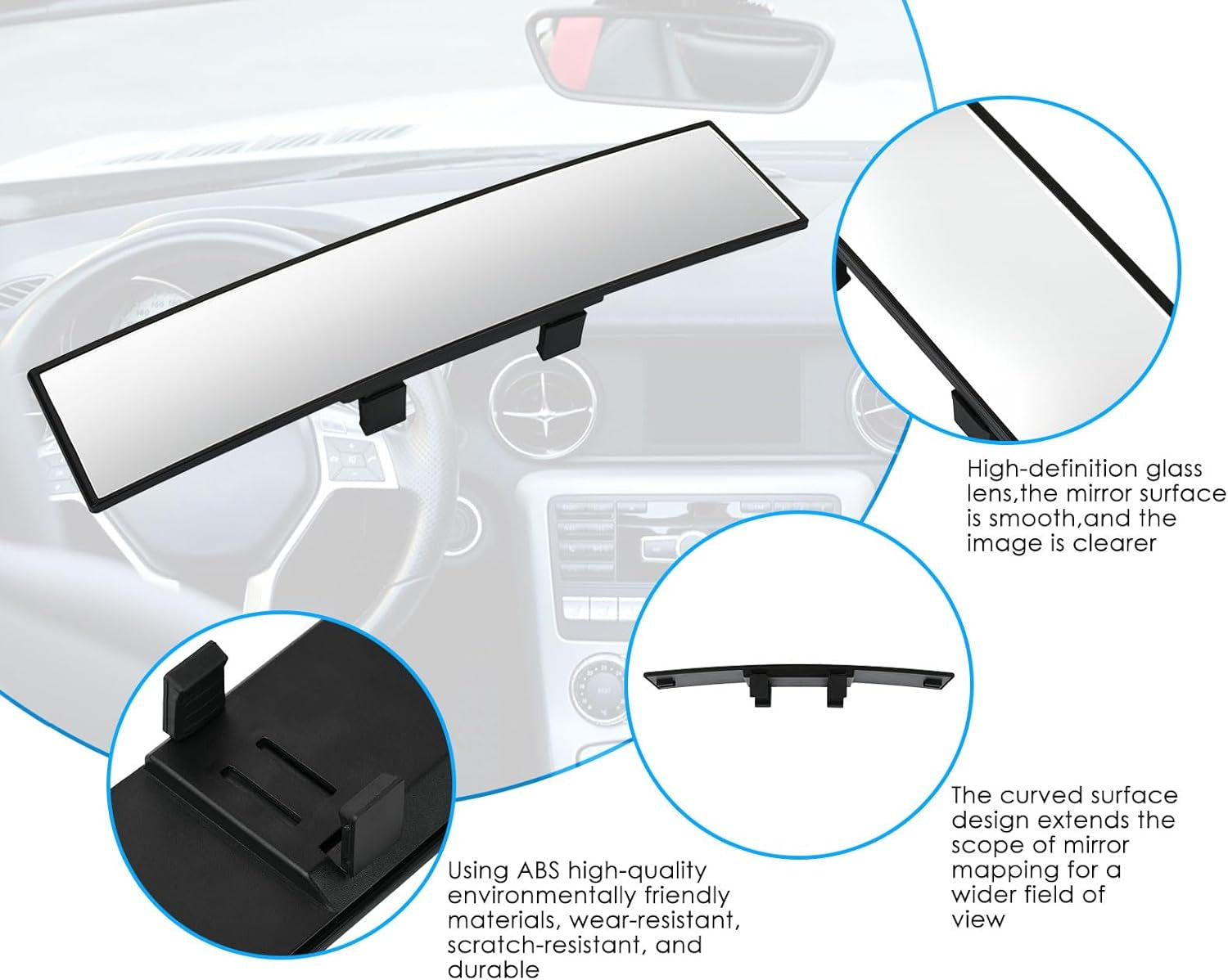 Wide Rear View Mirror Clip on 12 Inch Universal Panoramic Convex Interior Wide Angle Mirror