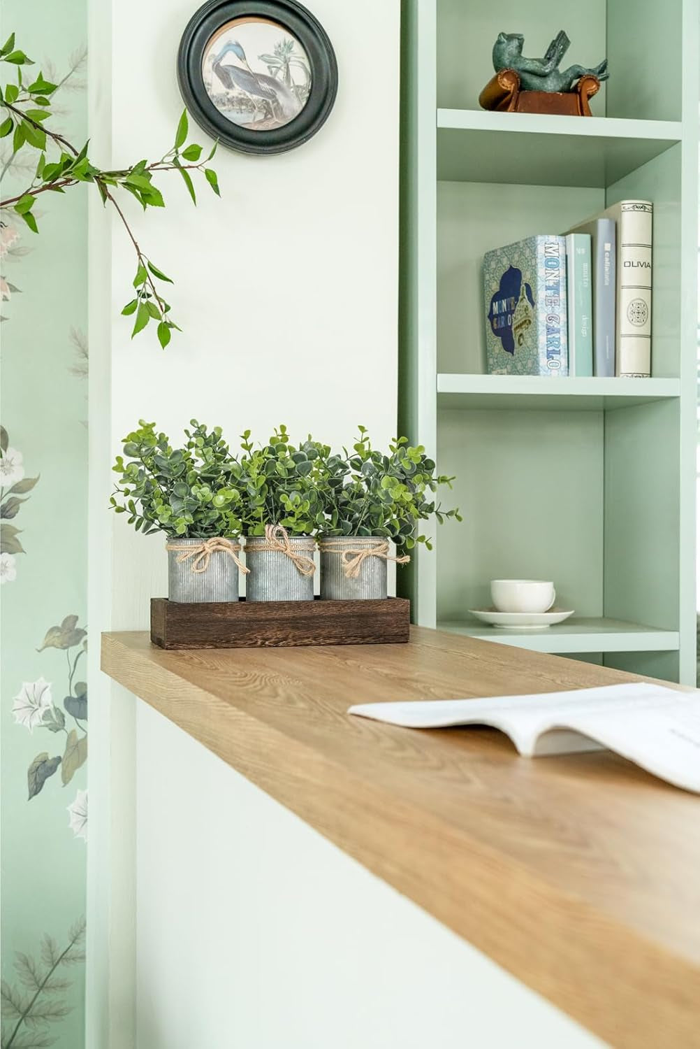 Fake Eucalyptus Plants Farmhouse Table Centerpieces for Dining Room | Set of 3 Galvanized Pots, Brown Wood Tray, for Bathroom Coffee Kitchen Entryway Living Room Decor, No Maintenance Required