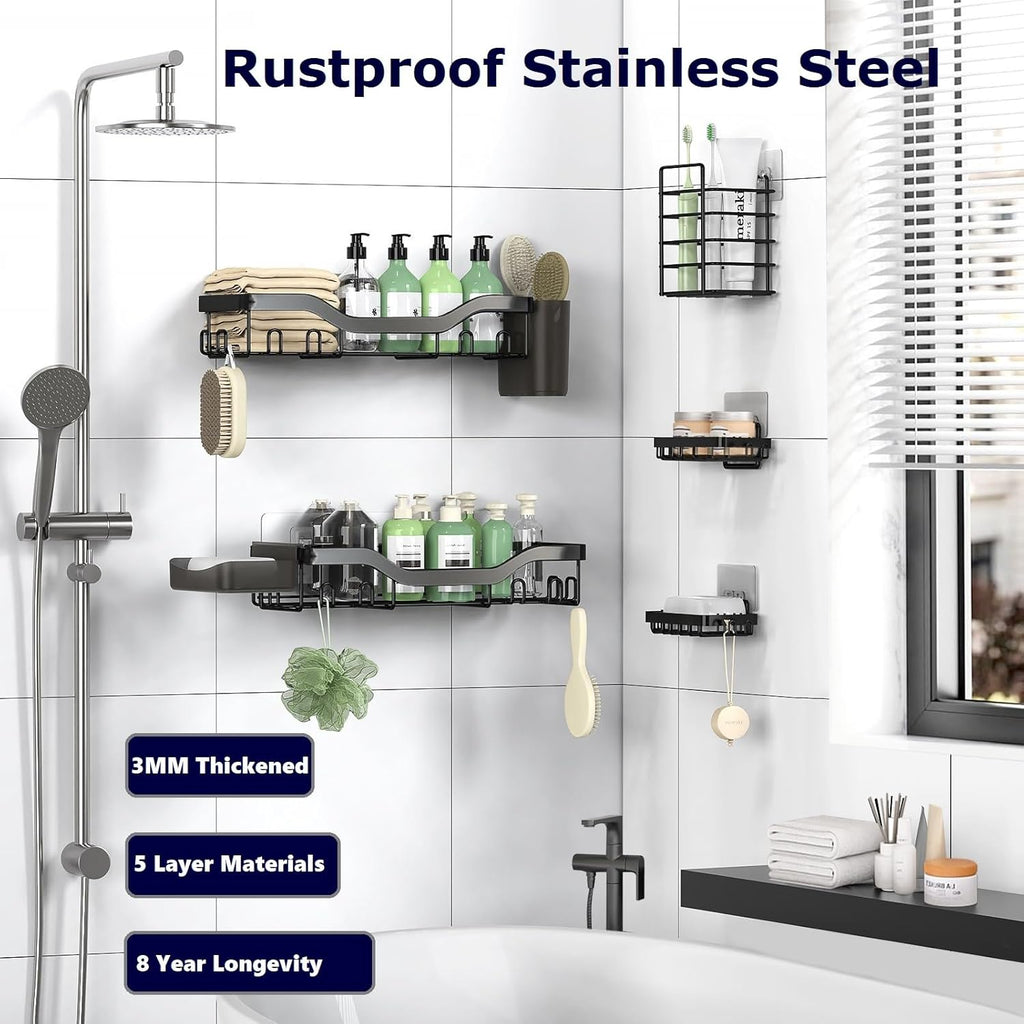 7-Pack Shower Caddy Adhesive,Stainless Steel Shower Organizer Shelf | Rustproof, with Soap Dish Toothbrush Holder, Large Capacity, No-Drill Rack Bathroom Storage Accessories, 24 Hooks, Home Decor