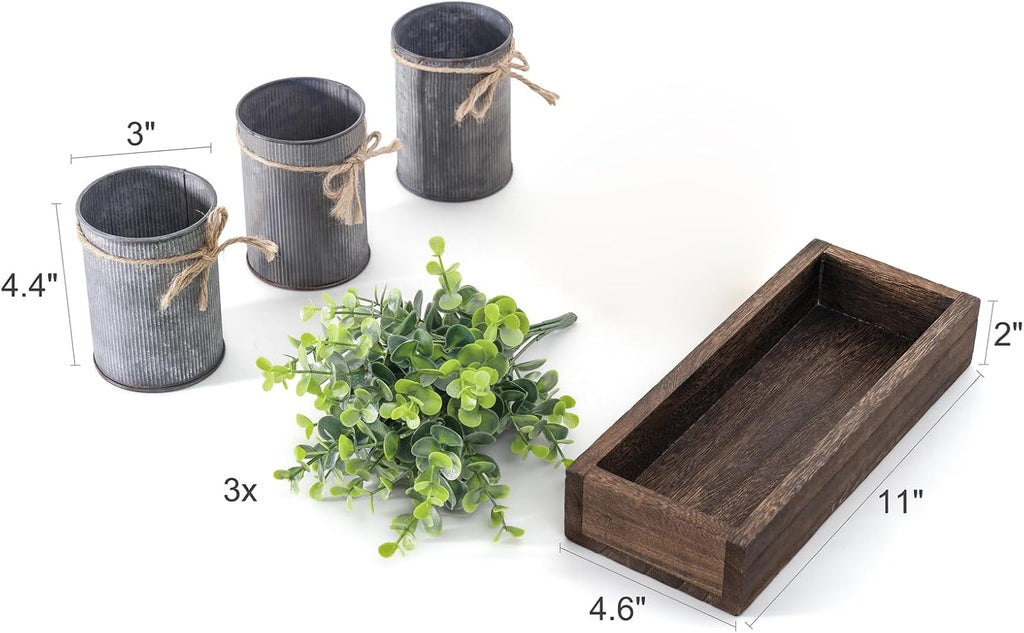 Fake Eucalyptus Plants Farmhouse Table Centerpieces for Dining Room | Set of 3 Galvanized Pots, Brown Wood Tray, for Bathroom Coffee Kitchen Entryway Living Room Decor, No Maintenance Required