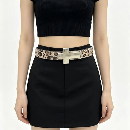 Punk Leather Cross Studded Belt for Grunge Style