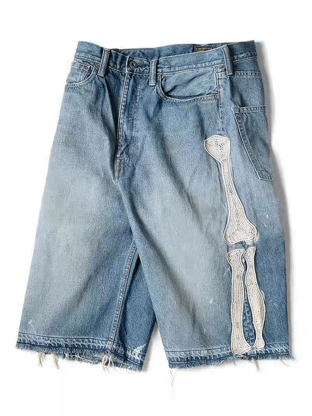 Embroidered Bone Denim Shorts