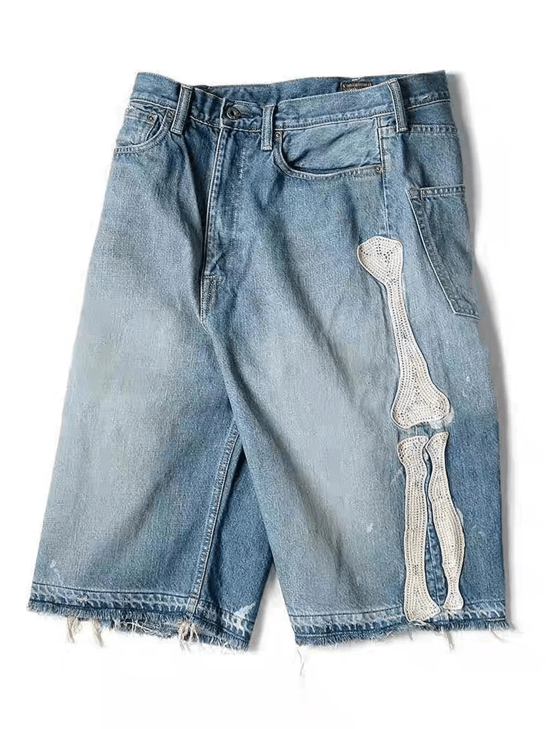 Embroidered Bone Denim Shorts