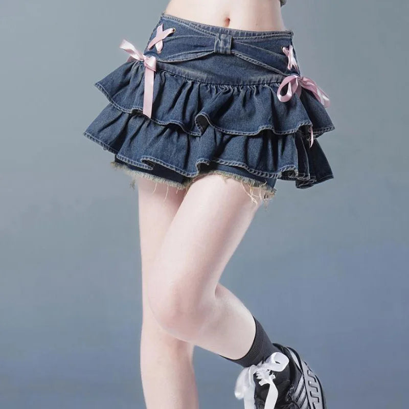 Bow Ribbon Denim Skirt