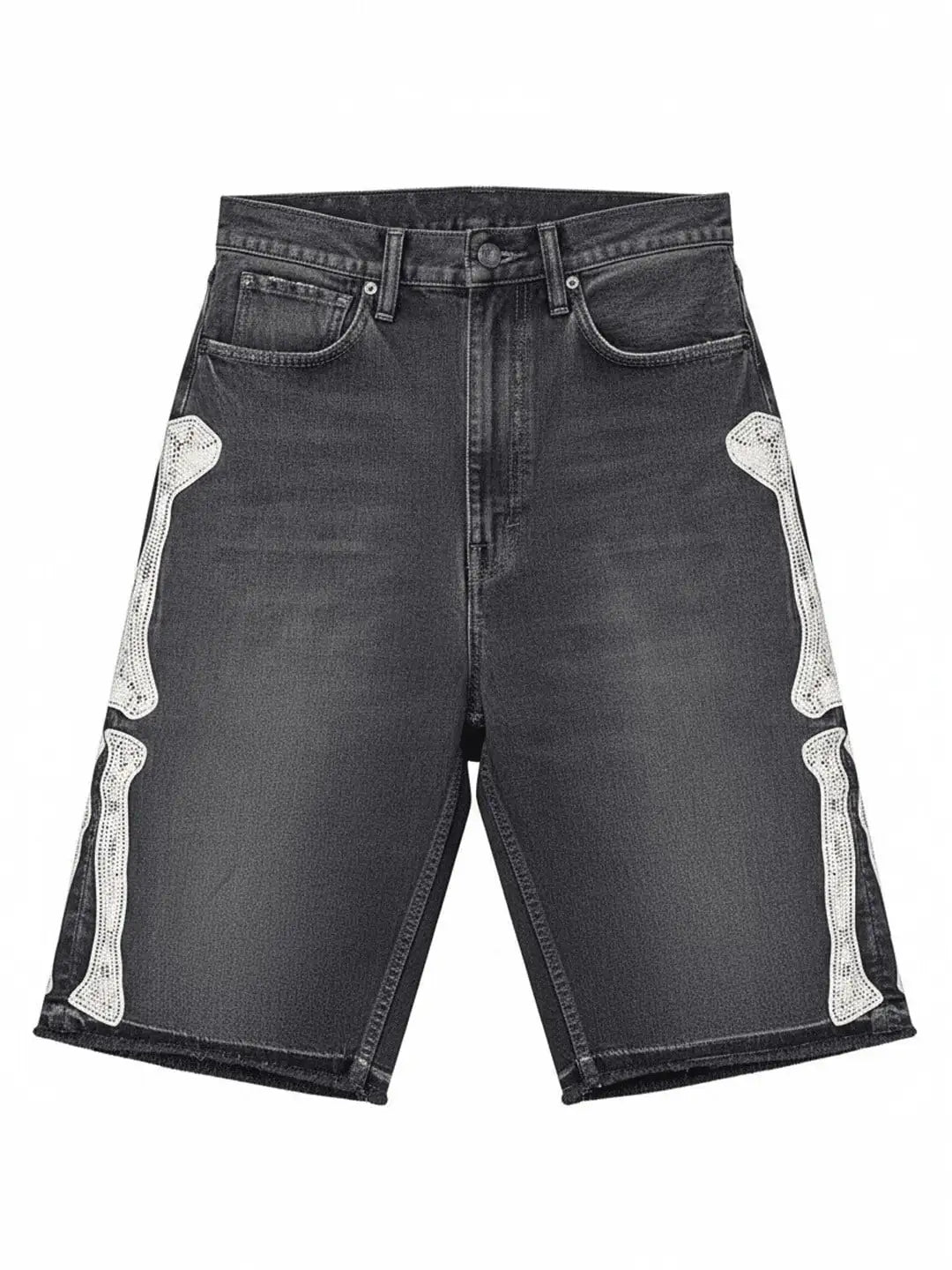 Embroidered Bone Denim Shorts