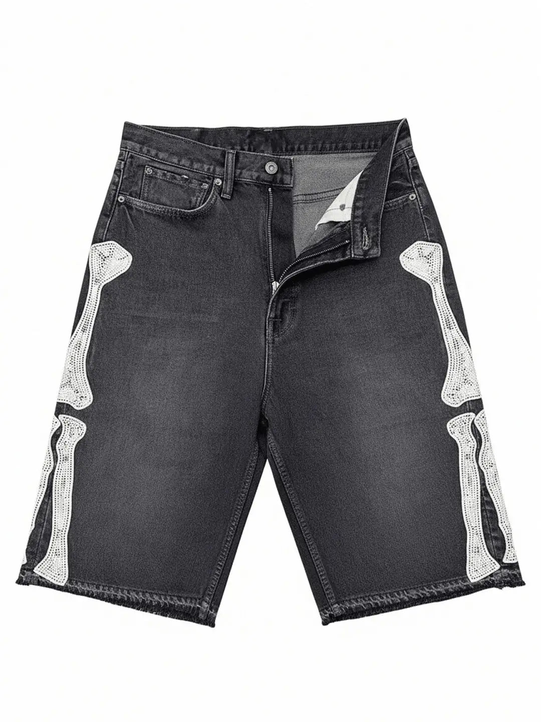 Embroidered Bone Denim Shorts