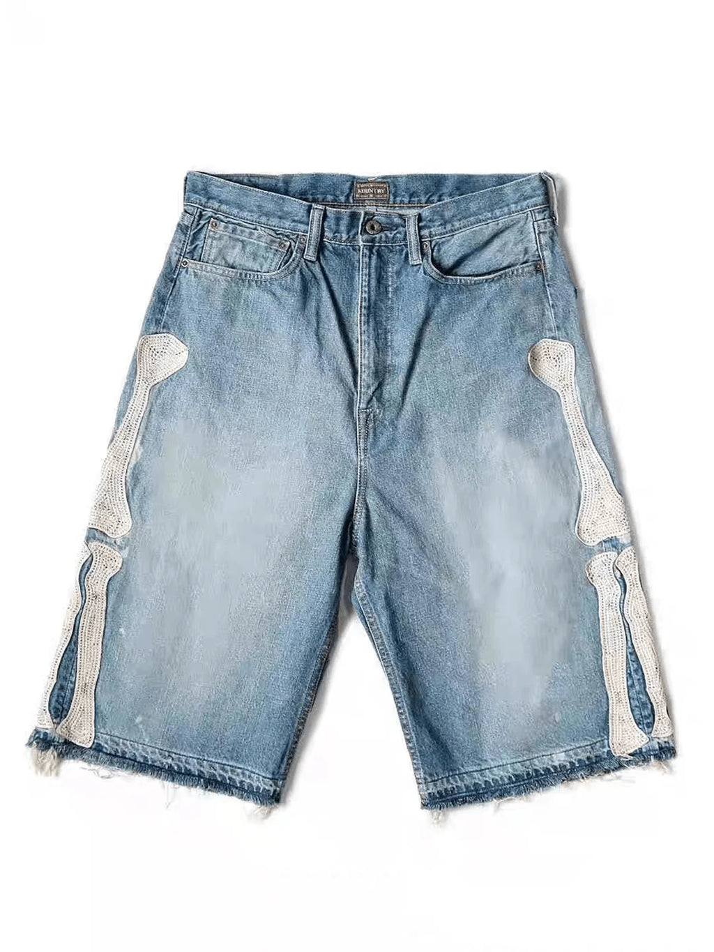 Embroidered Bone Denim Shorts