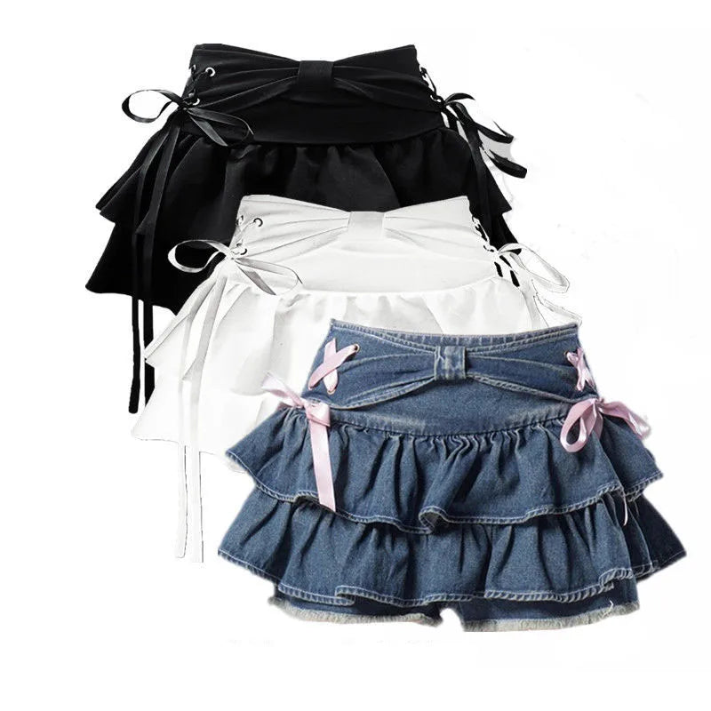 Bow Ribbon Denim Skirt