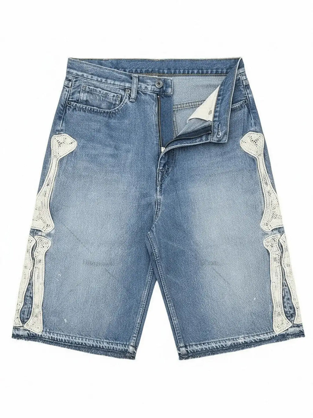 Embroidered Bone Denim Shorts