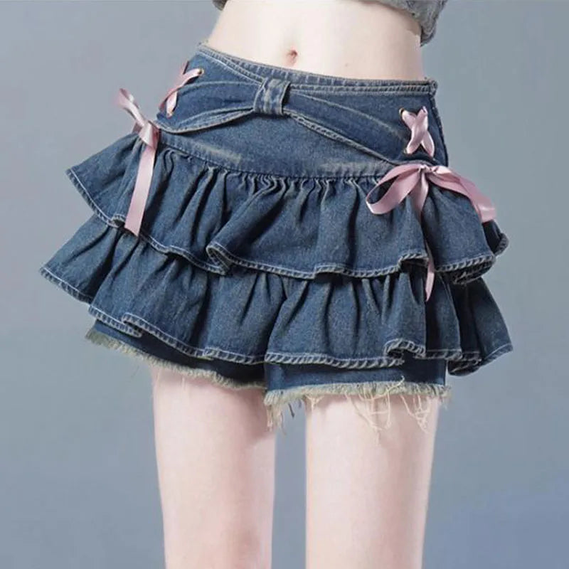 Bow Ribbon Denim Skirt