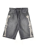 Embroidered Bone Denim Shorts