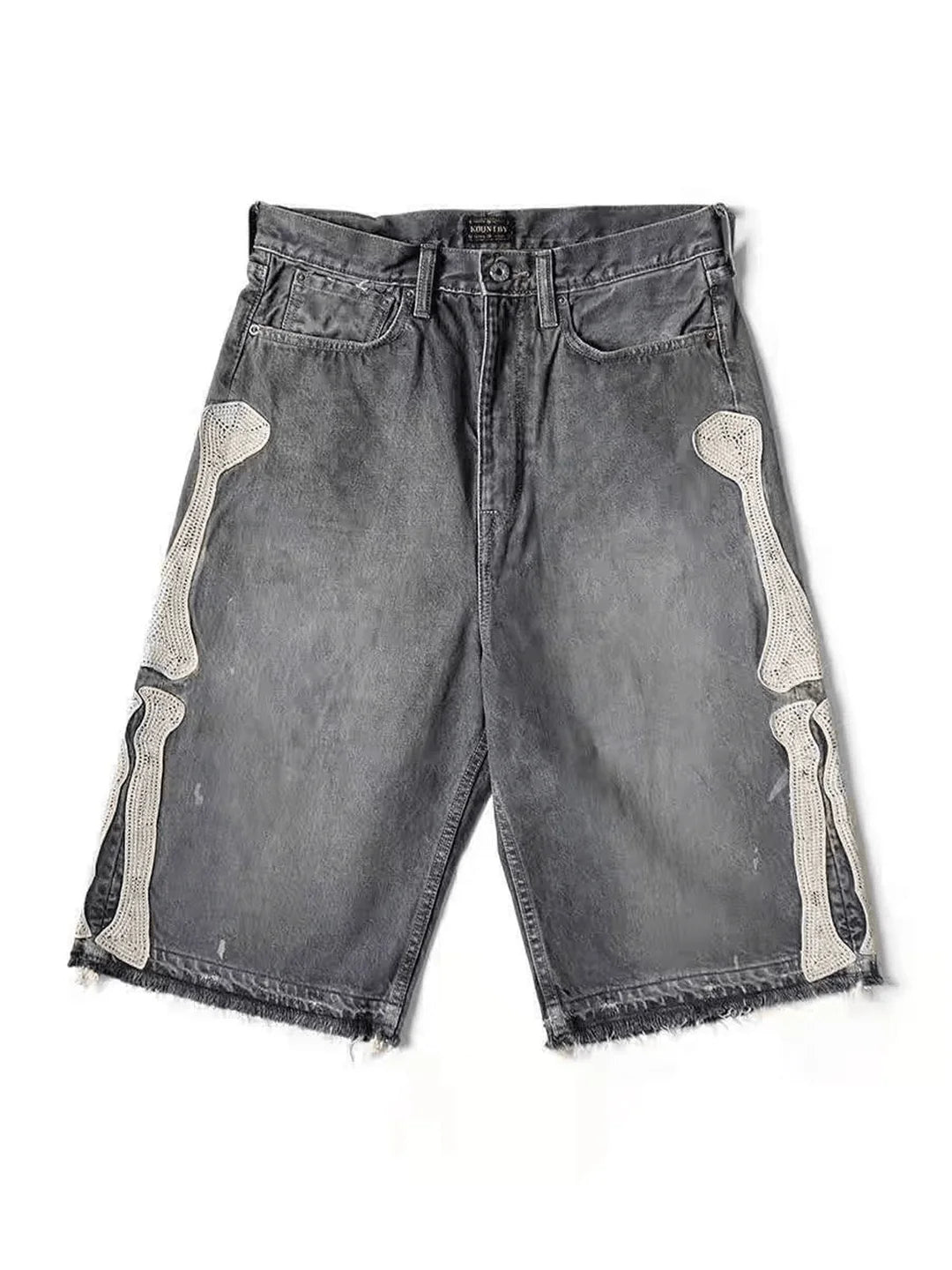 Embroidered Bone Denim Shorts
