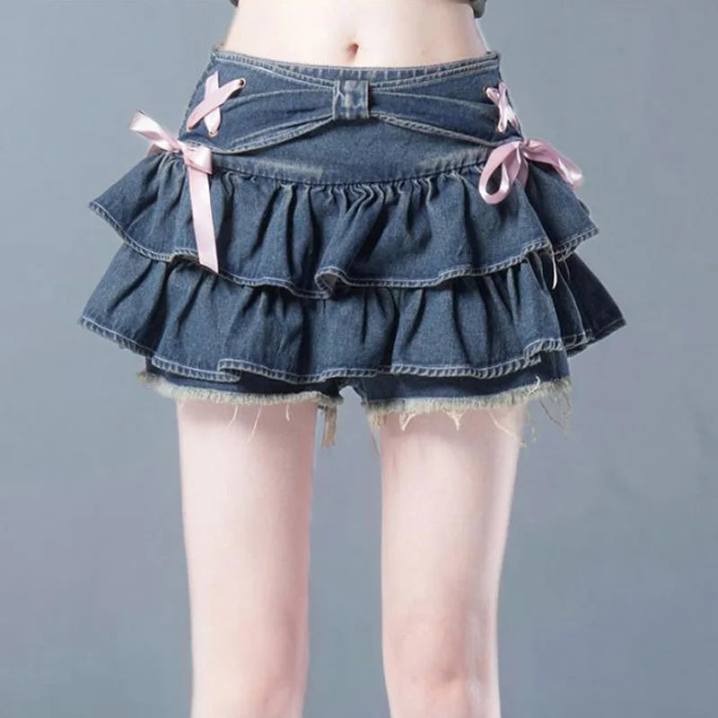 Bow Ribbon Denim Skirt