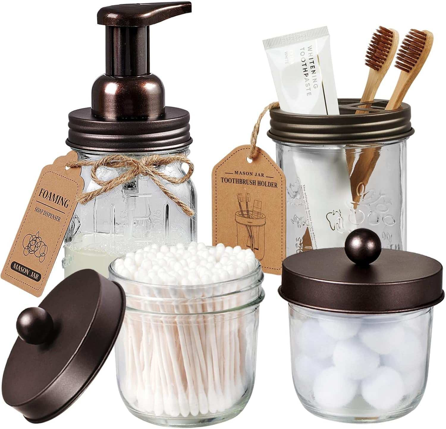 Mason Jar Bathroom Accessories Set, 4Pcs Glass Rustic Bathroom Set | Bronze, Foaming Soap Dispenser, 2 Qtip Holders, Toothbrush Holder, Farmhouse Home Decor, Bathroom Countertop Vanity Organizer