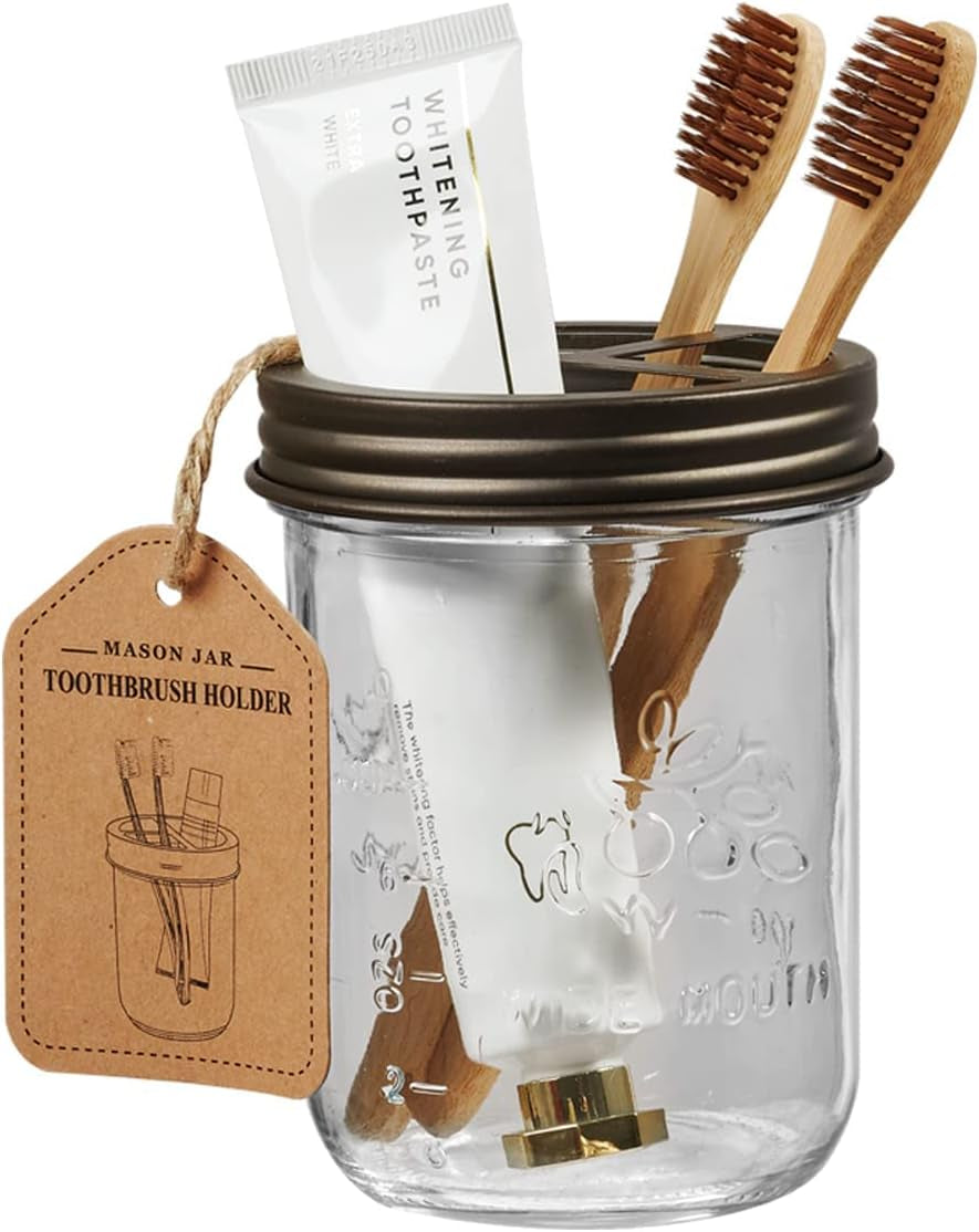 Mason Jar Bathroom Accessories Set, 4Pcs Glass Rustic Bathroom Set | Bronze, Foaming Soap Dispenser, 2 Qtip Holders, Toothbrush Holder, Farmhouse Home Decor, Bathroom Countertop Vanity Organizer