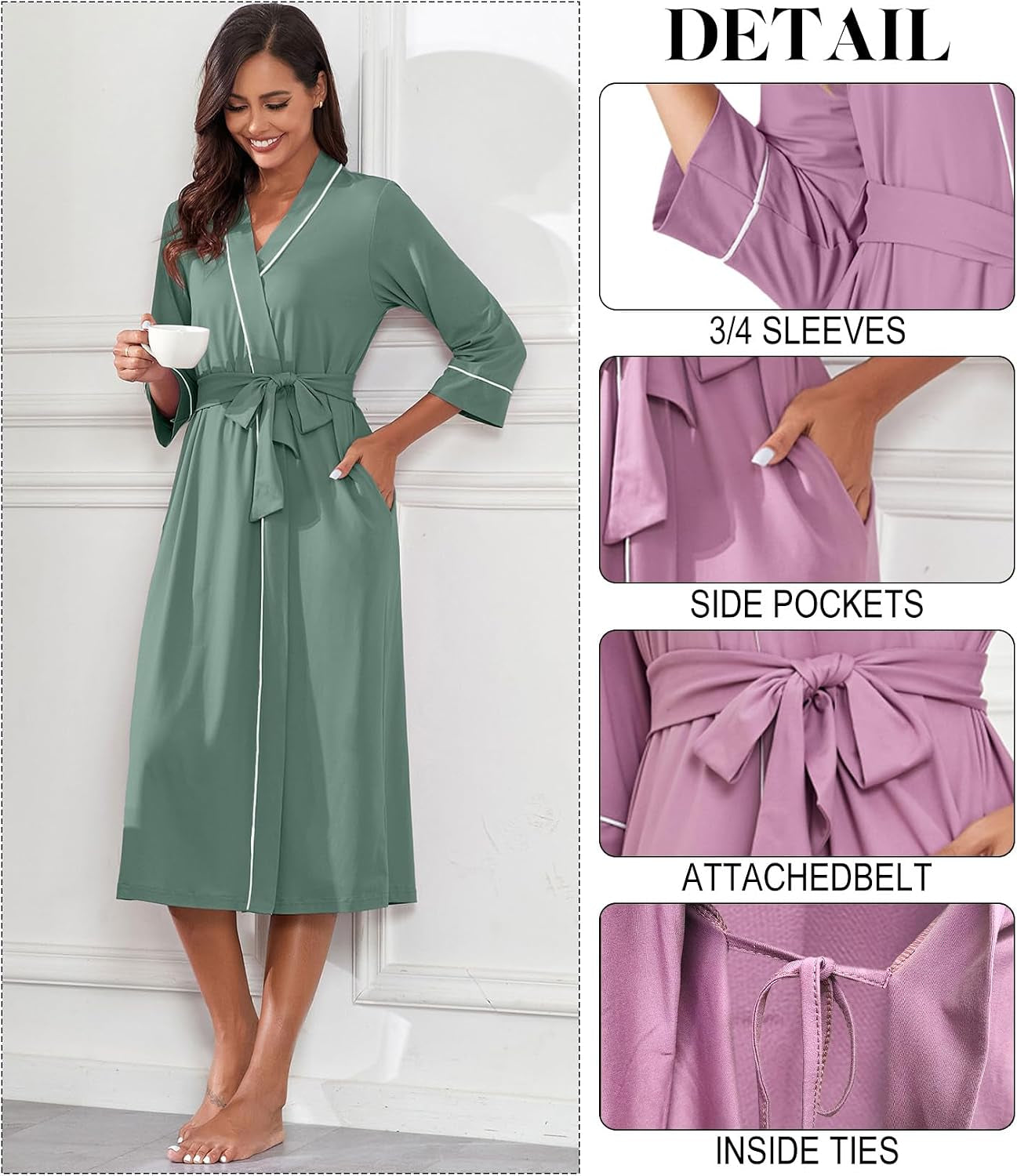 The Signature Lounge Robe | 3/4 Sleeve Lightweight Knit with Pockets (XS–4XL) Gracefully breathable for spa days, travel, and effortless home elegance.