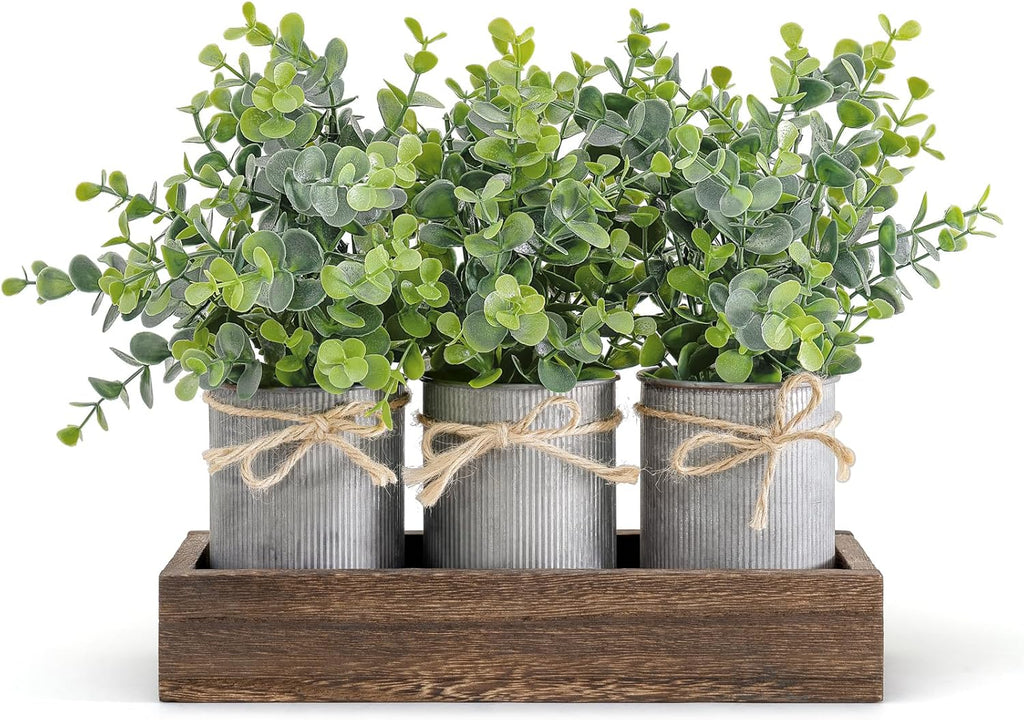 Fake Eucalyptus Plants Farmhouse Table Centerpieces for Dining Room | Set of 3 Galvanized Pots, Brown Wood Tray, for Bathroom Coffee Kitchen Entryway Living Room Decor, No Maintenance Required