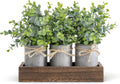 Fake Eucalyptus Plants Farmhouse Table Centerpieces for Dining Room | Set of 3 Galvanized Pots, Brown Wood Tray, for Bathroom Coffee Kitchen Entryway Living Room Decor, No Maintenance Required