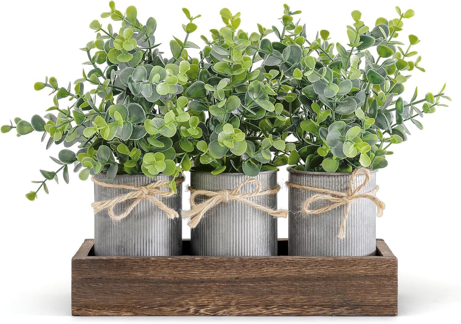 Fake Eucalyptus Plants Farmhouse Table Centerpieces for Dining Room | Set of 3 Galvanized Pots, Brown Wood Tray, for Bathroom Coffee Kitchen Entryway Living Room Decor, No Maintenance Required