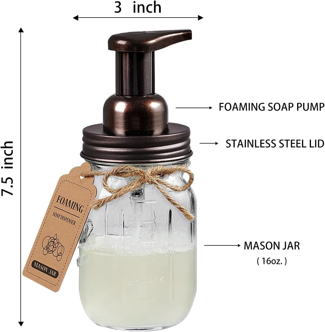 Mason Jar Bathroom Accessories Set, 4Pcs Glass Rustic Bathroom Set | Bronze, Foaming Soap Dispenser, 2 Qtip Holders, Toothbrush Holder, Farmhouse Home Decor, Bathroom Countertop Vanity Organizer