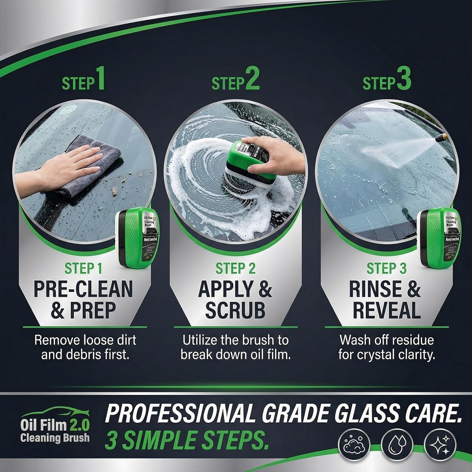 Automotive Oil Film Cleaning Brush for Car Windows, Car Windshield Cleaner Brush for Cleaning Car Windshield, Clear Vision Glass Cleaner with Anti-Rain & Anti-Fog Coating, Green