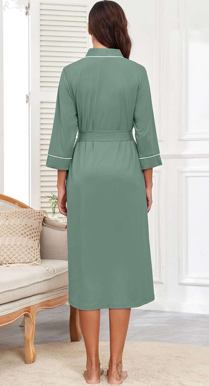 The Signature Lounge Robe | 3/4 Sleeve Lightweight Knit with Pockets (XS–4XL) Gracefully breathable for spa days, travel, and effortless home elegance.